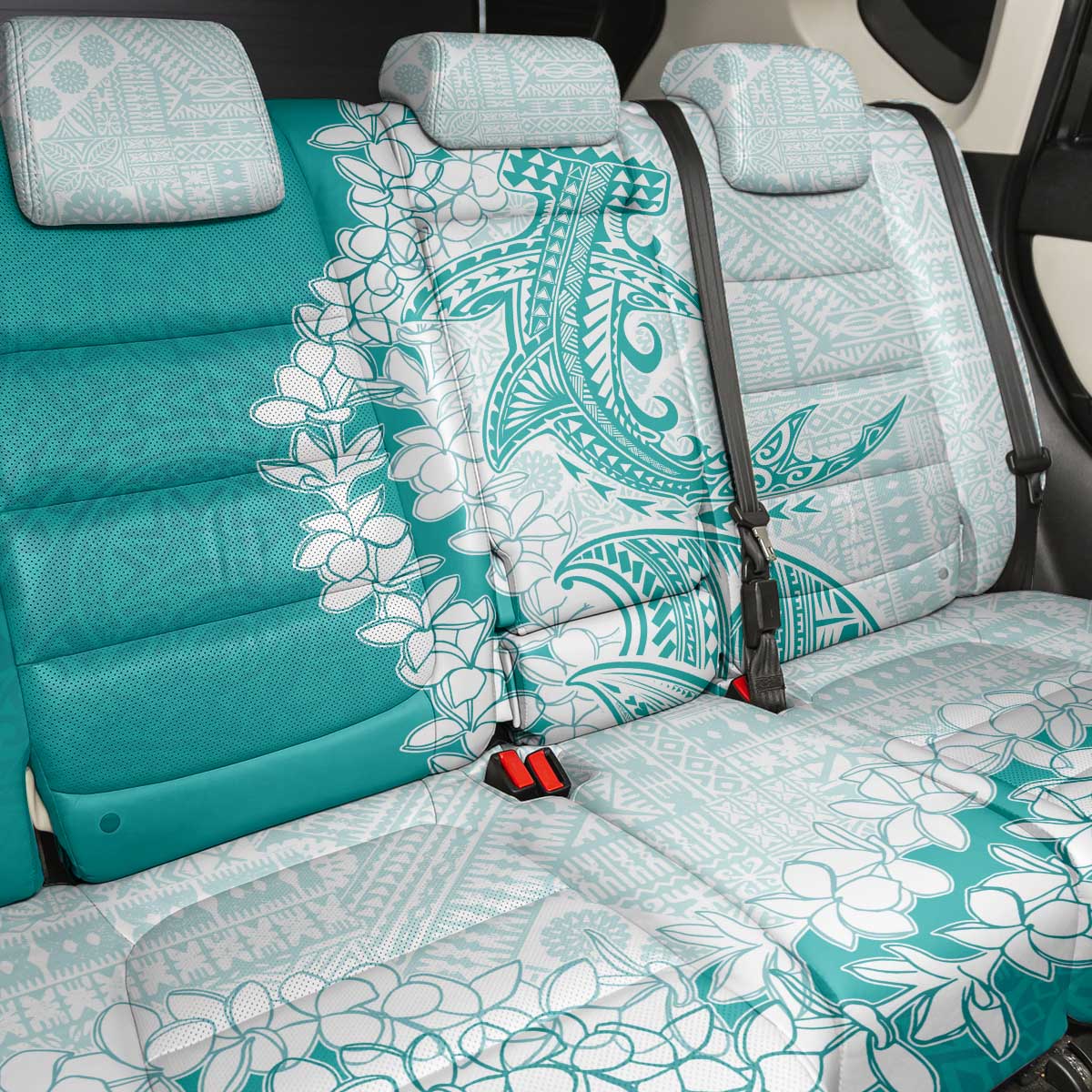 Polynesian Teal Plumeria Lei Back Car Seat Cover with Hammerhead Shark