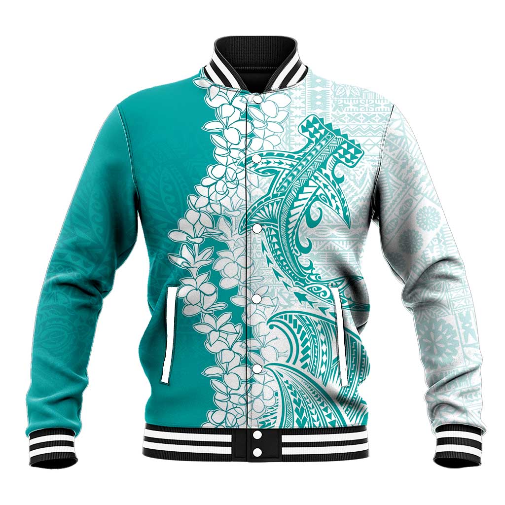 Polynesian Teal Plumeria Lei Baseball Jacket with Hammerhead Shark
