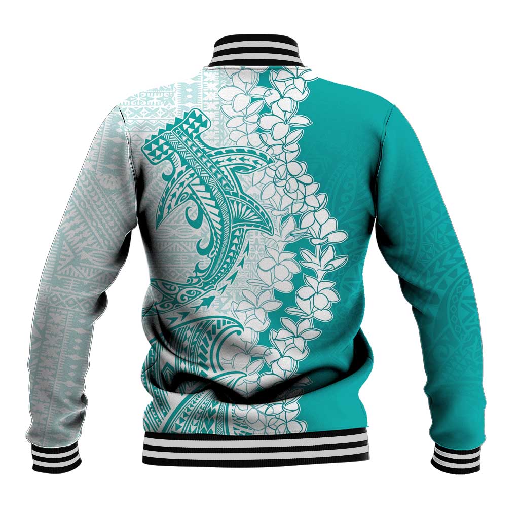 Polynesian Teal Plumeria Lei Baseball Jacket with Hammerhead Shark