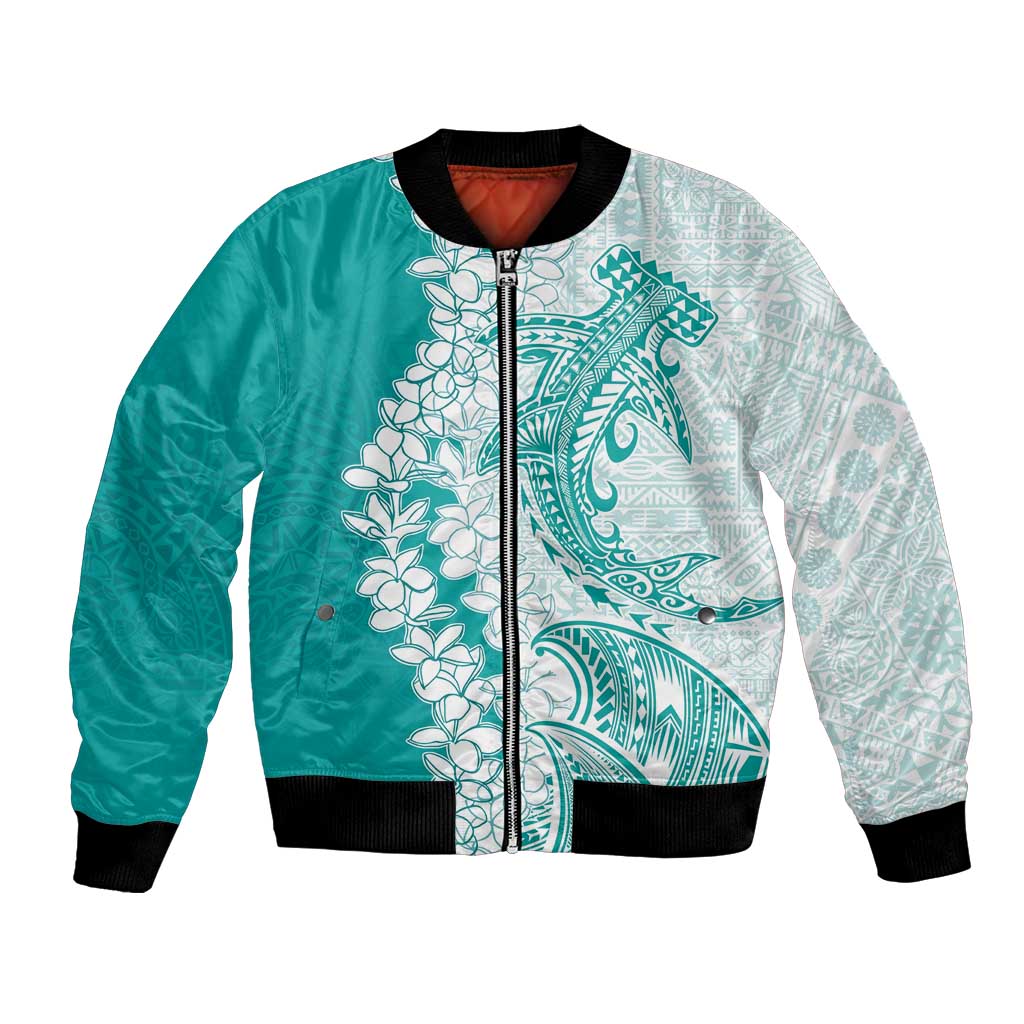 Polynesian Teal Plumeria Lei Bomber Jacket with Hammerhead Shark