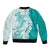 Polynesian Teal Plumeria Lei Bomber Jacket with Hammerhead Shark