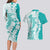 Polynesian Teal Plumeria Lei Couples Matching Long Sleeve Bodycon Dress and Hawaiian Shirt with Hammerhead Shark