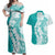 Polynesian Teal Plumeria Lei Couples Matching Off Shoulder Maxi Dress and Hawaiian Shirt with Hammerhead Shark