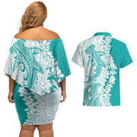Polynesian Teal Plumeria Lei Couples Matching Off Shoulder Short Dress and Hawaiian Shirt with Hammerhead Shark