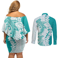 Polynesian Teal Plumeria Lei Couples Matching Off Shoulder Short Dress and Long Sleeve Button Shirt with Hammerhead Shark