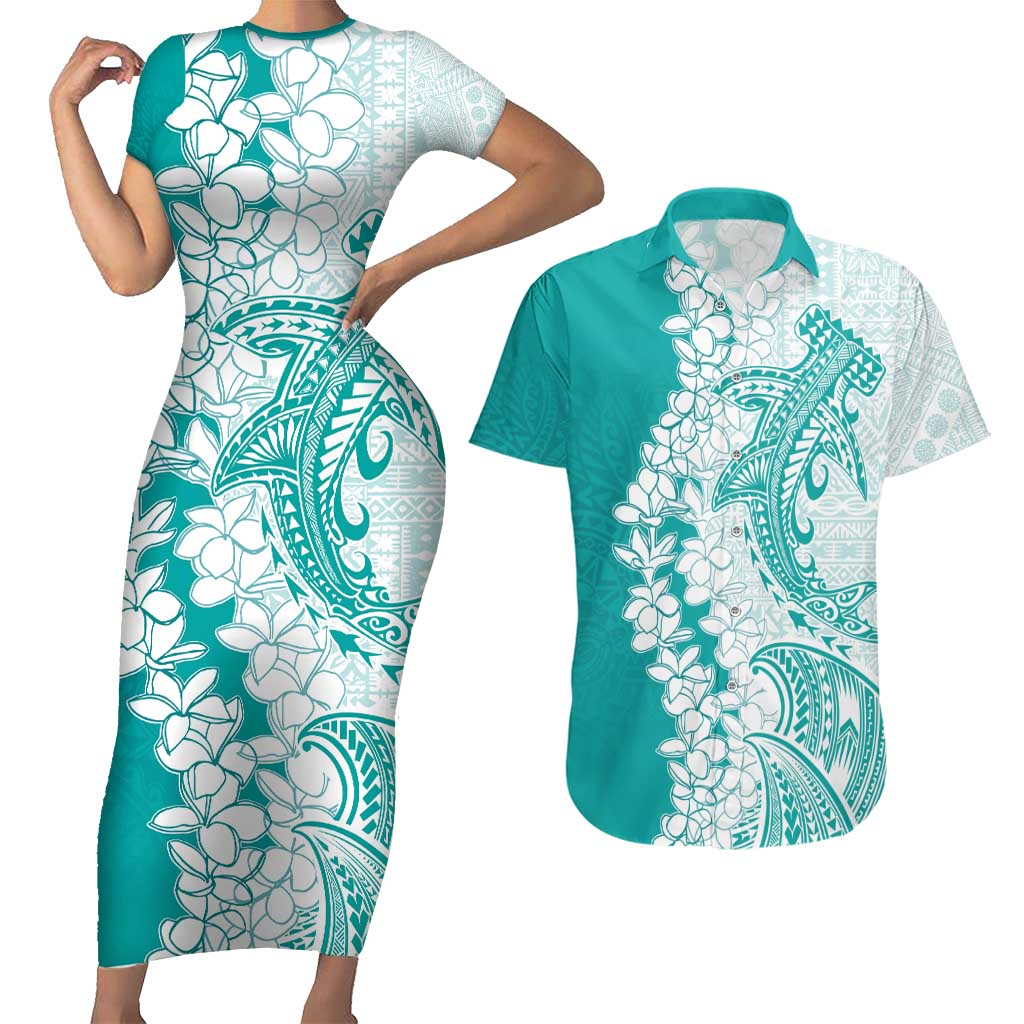 Polynesian Teal Plumeria Lei Couples Matching Short Sleeve Bodycon Dress and Hawaiian Shirt with Hammerhead Shark