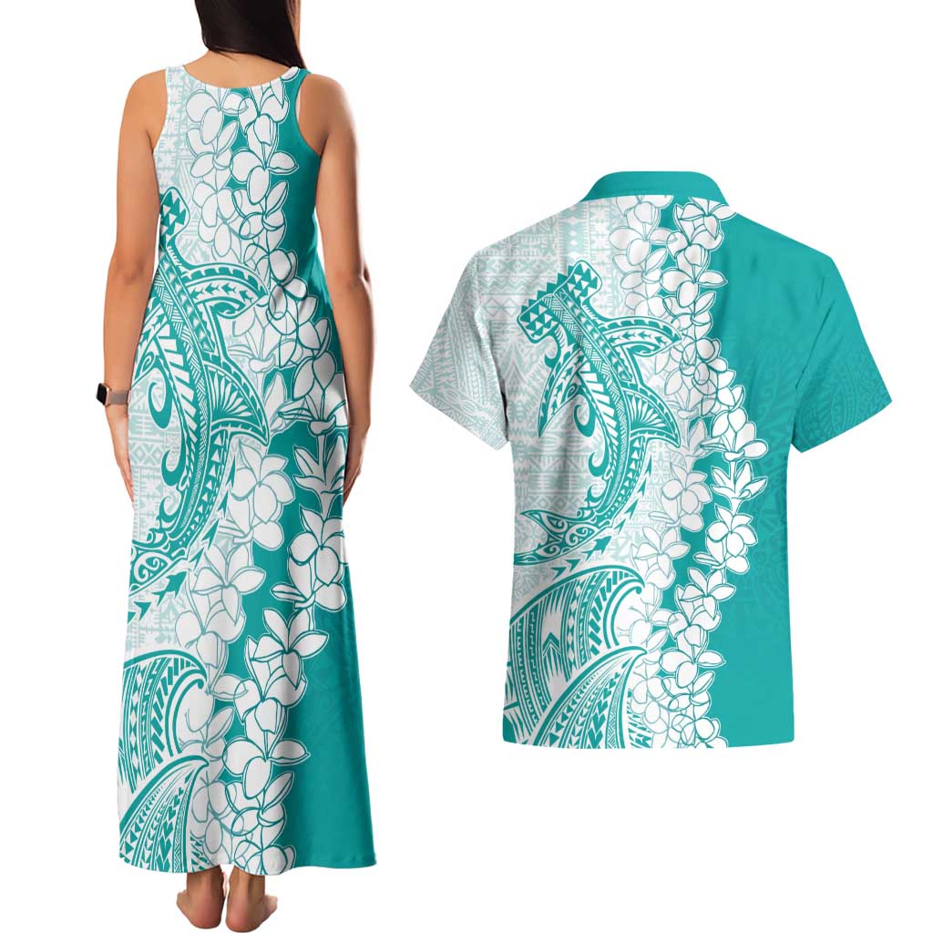 Polynesian Teal Plumeria Lei Couples Matching Tank Maxi Dress and Hawaiian Shirt with Hammerhead Shark