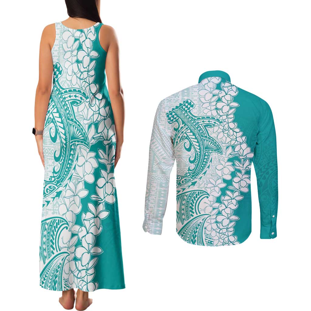 Polynesian Teal Plumeria Lei Couples Matching Tank Maxi Dress and Long Sleeve Button Shirt with Hammerhead Shark