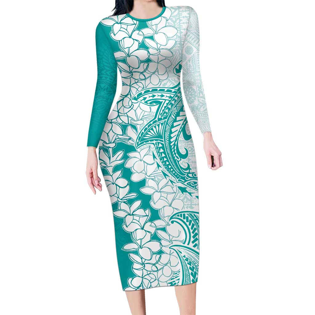 Polynesian Teal Plumeria Lei Family Matching Long Sleeve Bodycon Dress and Hawaiian Shirt with Hammerhead Shark