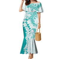 Polynesian Teal Plumeria Lei Family Matching Mermaid Dress and Hawaiian Shirt with Hammerhead Shark