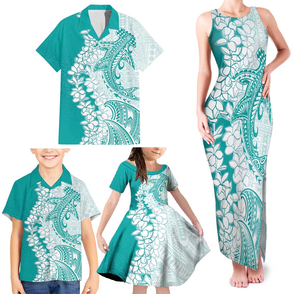 Polynesian Teal Plumeria Lei Family Matching Tank Maxi Dress and Hawaiian Shirt with Hammerhead Shark