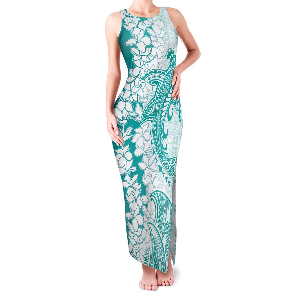 Polynesian Teal Plumeria Lei Family Matching Tank Maxi Dress and Hawaiian Shirt with Hammerhead Shark