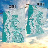 Polynesian Teal Plumeria Lei Garden Flag with Hammerhead Shark