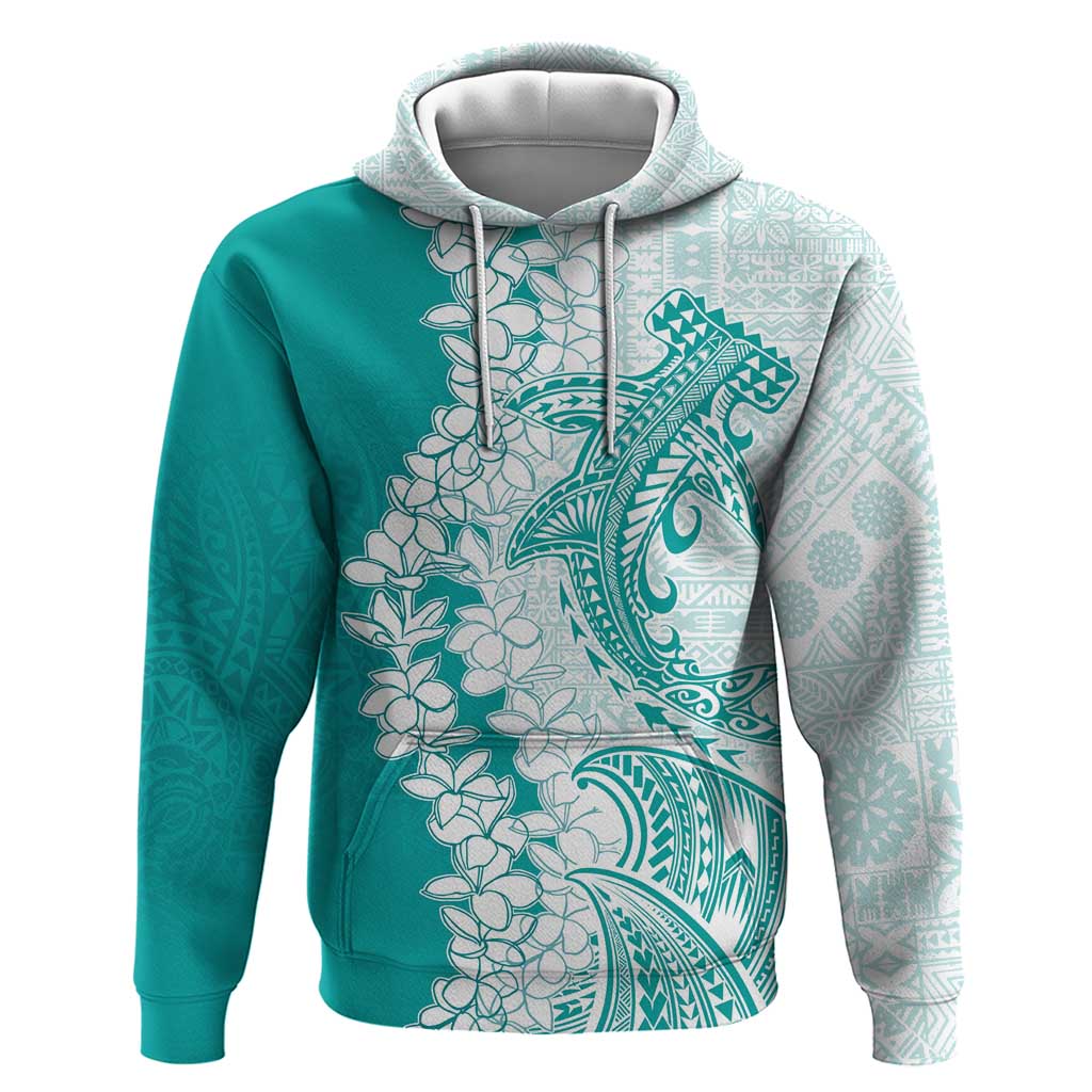 Polynesian Teal Plumeria Lei Hoodie with Hammerhead Shark