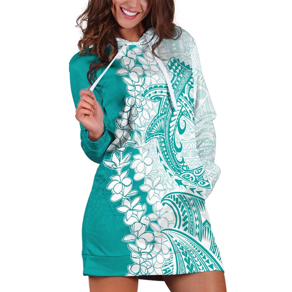 Polynesian Teal Plumeria Lei Hoodie Dress with Hammerhead Shark