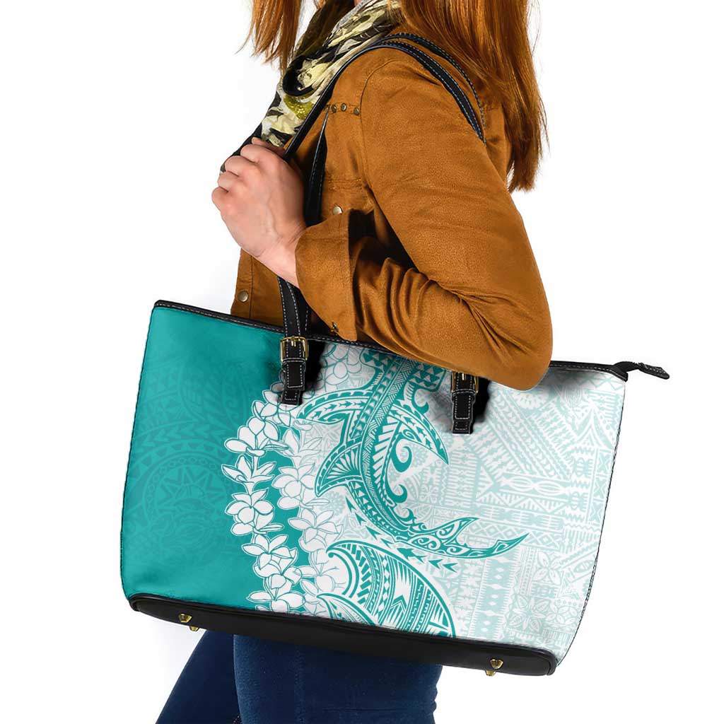 Polynesian Teal Plumeria Lei Leather Tote Bag with Hammerhead Shark