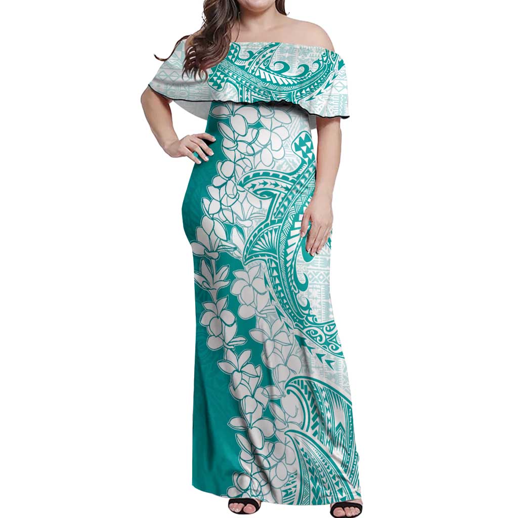 Polynesian Teal Plumeria Lei Off Shoulder Maxi Dress with Hammerhead Shark