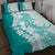 Polynesian Teal Plumeria Lei Quilt Bed Set with Hammerhead Shark