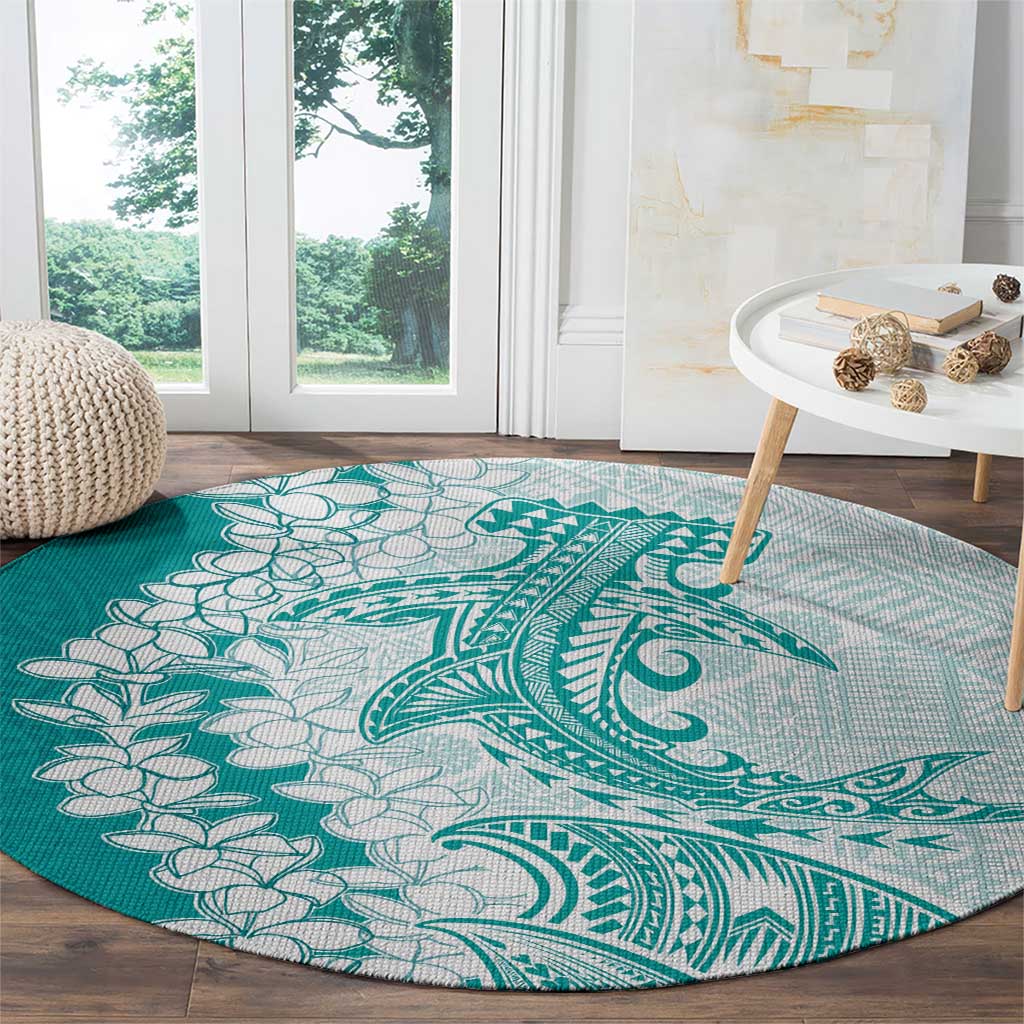 Polynesian Teal Plumeria Lei Round Carpet with Hammerhead Shark
