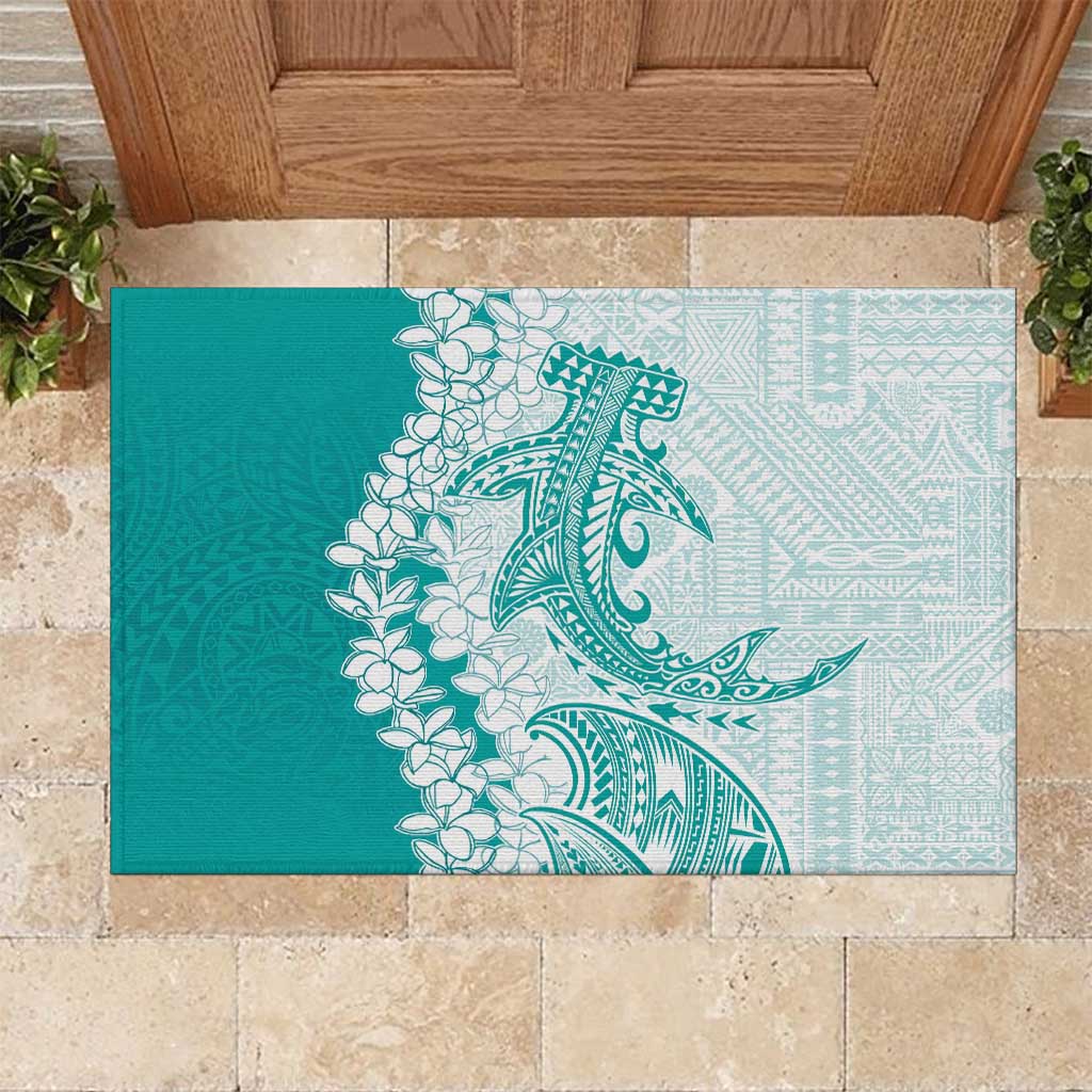 Polynesian Teal Plumeria Lei Rubber Doormat with Hammerhead Shark