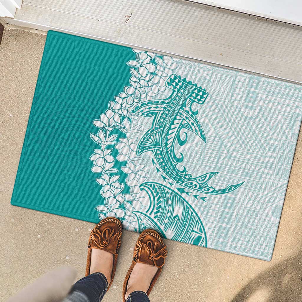 Polynesian Teal Plumeria Lei Rubber Doormat with Hammerhead Shark