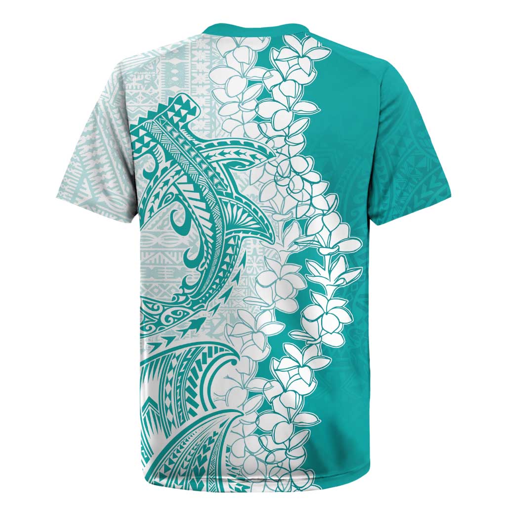 Polynesian Teal Plumeria Lei Rugby Jersey with Hammerhead Shark