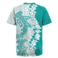 Polynesian Teal Plumeria Lei Rugby Jersey with Hammerhead Shark