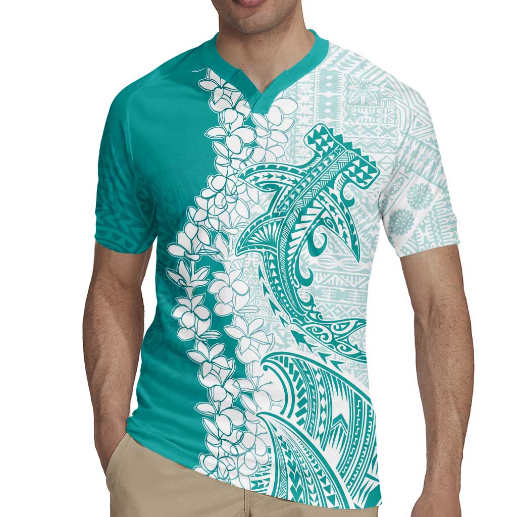 Polynesian Teal Plumeria Lei Rugby Jersey with Hammerhead Shark