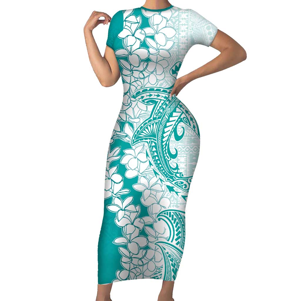 Polynesian Teal Plumeria Lei Short Sleeve Bodycon Dress with Hammerhead Shark