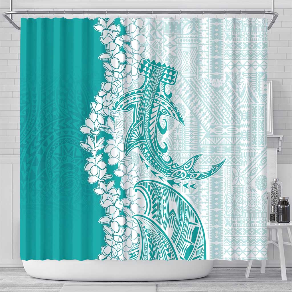 Polynesian Teal Plumeria Lei Shower Curtain with Hammerhead Shark