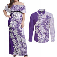 Polynesian Purple Plumeria Lei Couples Matching Off Shoulder Maxi Dress and Long Sleeve Button Shirt with Hammerhead Shark
