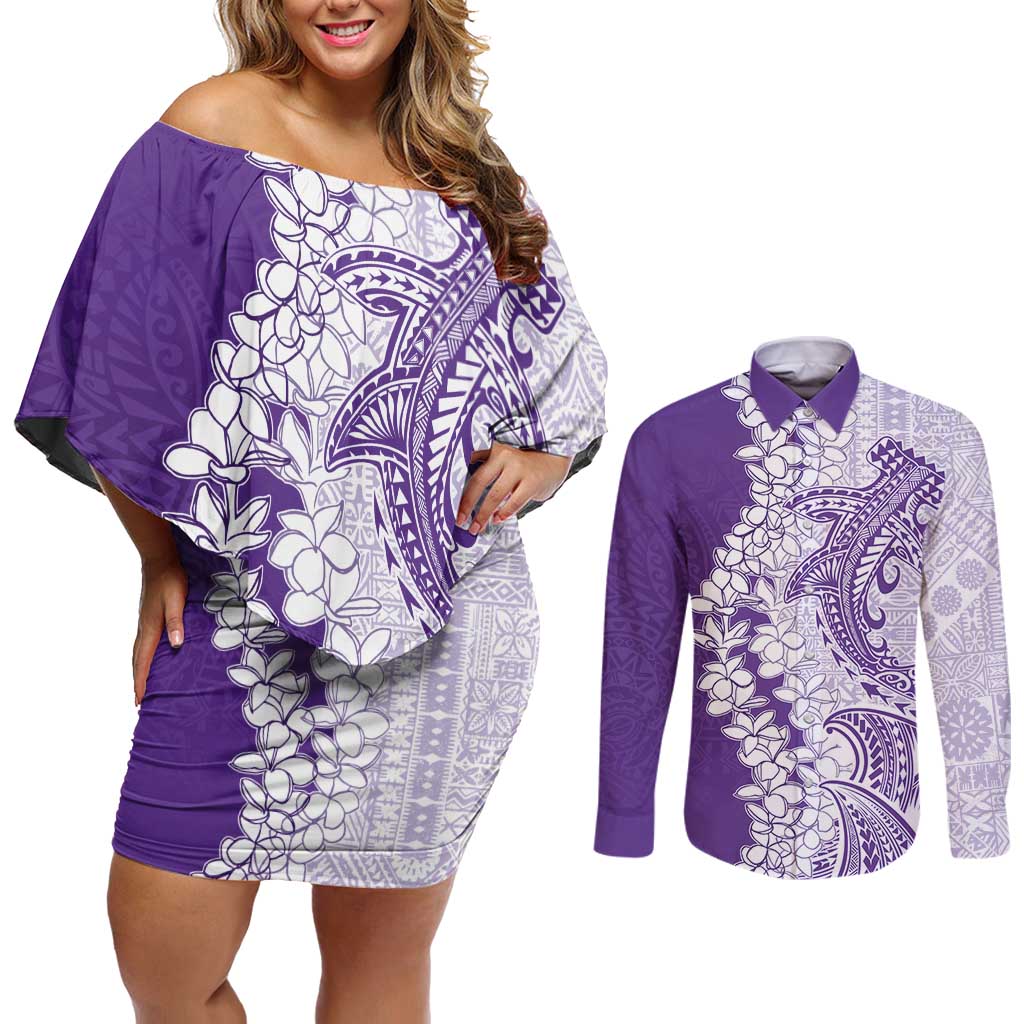 Polynesian Purple Plumeria Lei Couples Matching Off Shoulder Short Dress and Long Sleeve Button Shirt with Hammerhead Shark