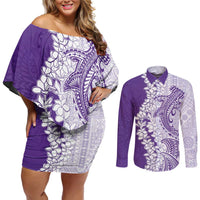 Polynesian Purple Plumeria Lei Couples Matching Off Shoulder Short Dress and Long Sleeve Button Shirt with Hammerhead Shark