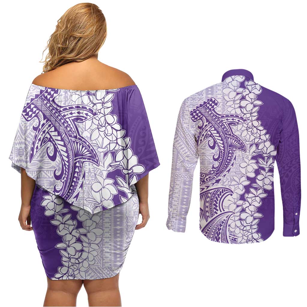 Polynesian Purple Plumeria Lei Couples Matching Off Shoulder Short Dress and Long Sleeve Button Shirt with Hammerhead Shark