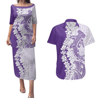Polynesian Purple Plumeria Lei Couples Matching Puletasi and Hawaiian Shirt with Hammerhead Shark