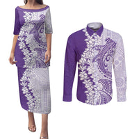 Polynesian Purple Plumeria Lei Couples Matching Puletasi and Long Sleeve Button Shirt with Hammerhead Shark