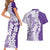 Polynesian Purple Plumeria Lei Couples Matching Short Sleeve Bodycon Dress and Hawaiian Shirt with Hammerhead Shark