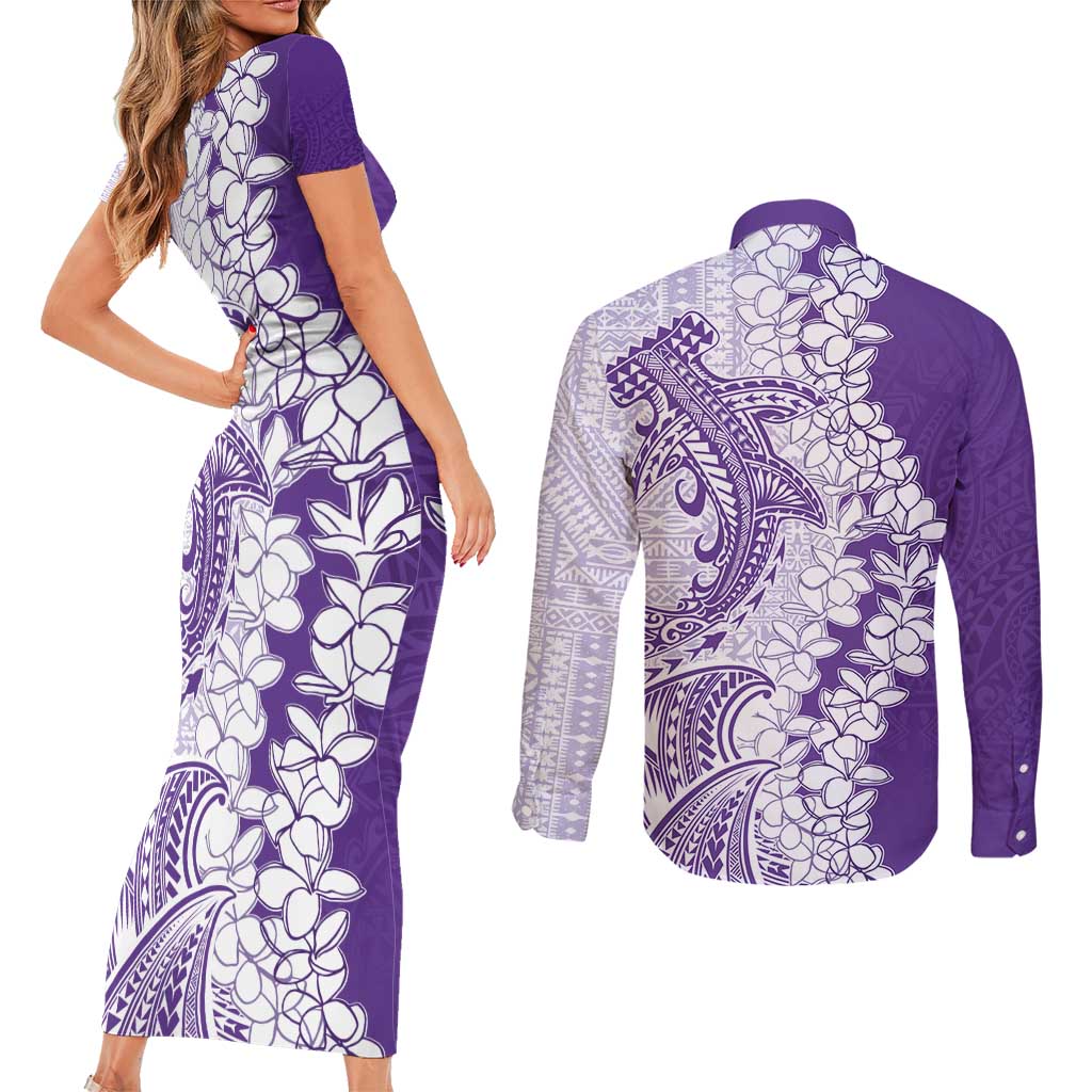 Polynesian Purple Plumeria Lei Couples Matching Short Sleeve Bodycon Dress and Long Sleeve Button Shirt with Hammerhead Shark