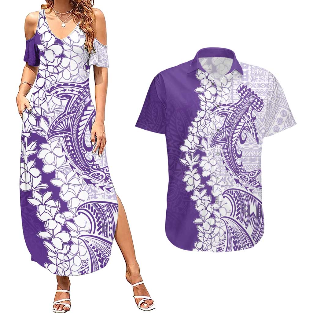 Polynesian Purple Plumeria Lei Couples Matching Summer Maxi Dress and Hawaiian Shirt with Hammerhead Shark