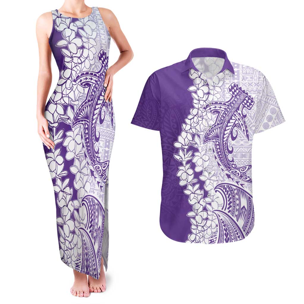 Polynesian Purple Plumeria Lei Couples Matching Tank Maxi Dress and Hawaiian Shirt with Hammerhead Shark
