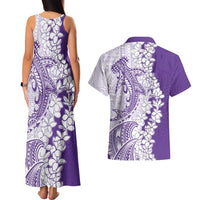 Polynesian Purple Plumeria Lei Couples Matching Tank Maxi Dress and Hawaiian Shirt with Hammerhead Shark