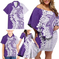 Polynesian Purple Plumeria Lei Family Matching Off Shoulder Short Dress and Hawaiian Shirt with Hammerhead Shark