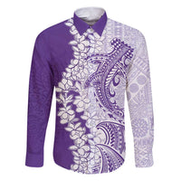 Polynesian Purple Plumeria Lei Family Matching Puletasi and Hawaiian Shirt with Hammerhead Shark