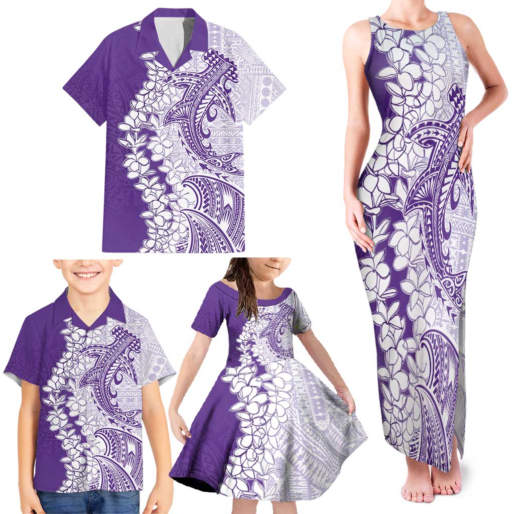 Polynesian Purple Plumeria Lei Family Matching Tank Maxi Dress and Hawaiian Shirt with Hammerhead Shark