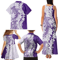 Polynesian Purple Plumeria Lei Family Matching Tank Maxi Dress and Hawaiian Shirt with Hammerhead Shark