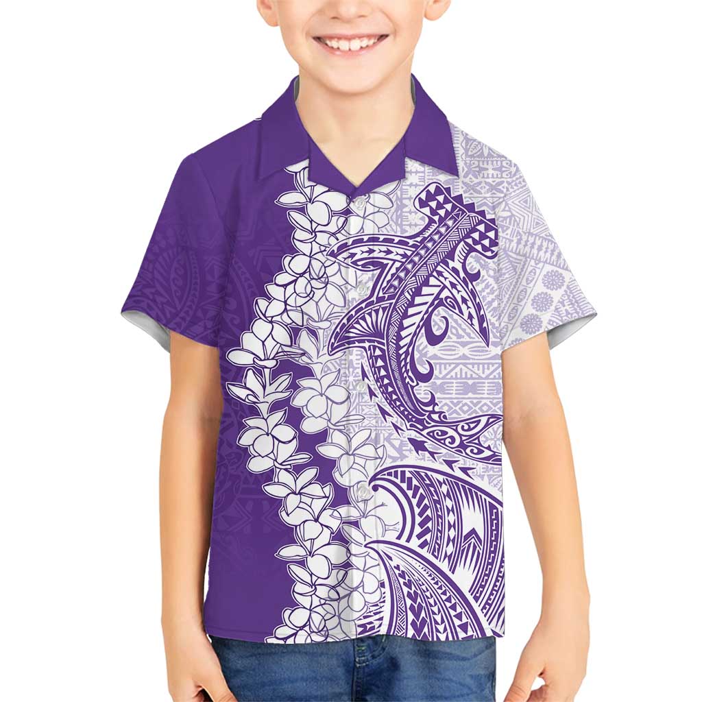 Polynesian Purple Plumeria Lei Family Matching Tank Maxi Dress and Hawaiian Shirt with Hammerhead Shark