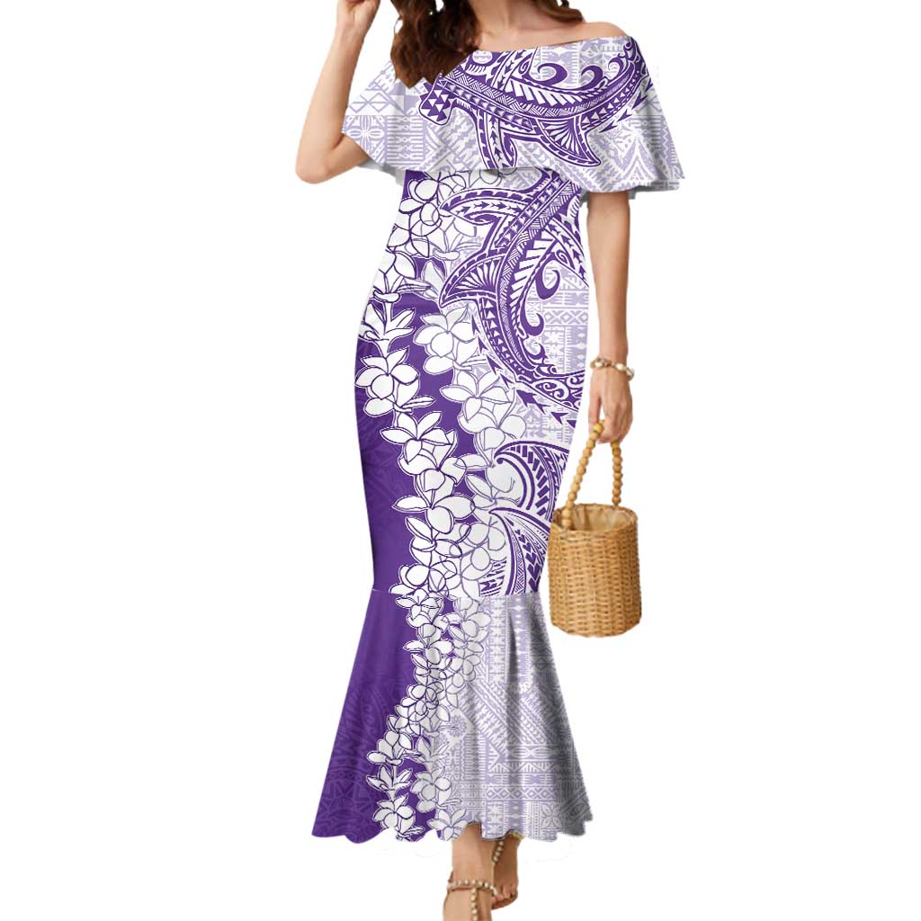 Polynesian Purple Plumeria Lei Mermaid Dress with Hammerhead Shark