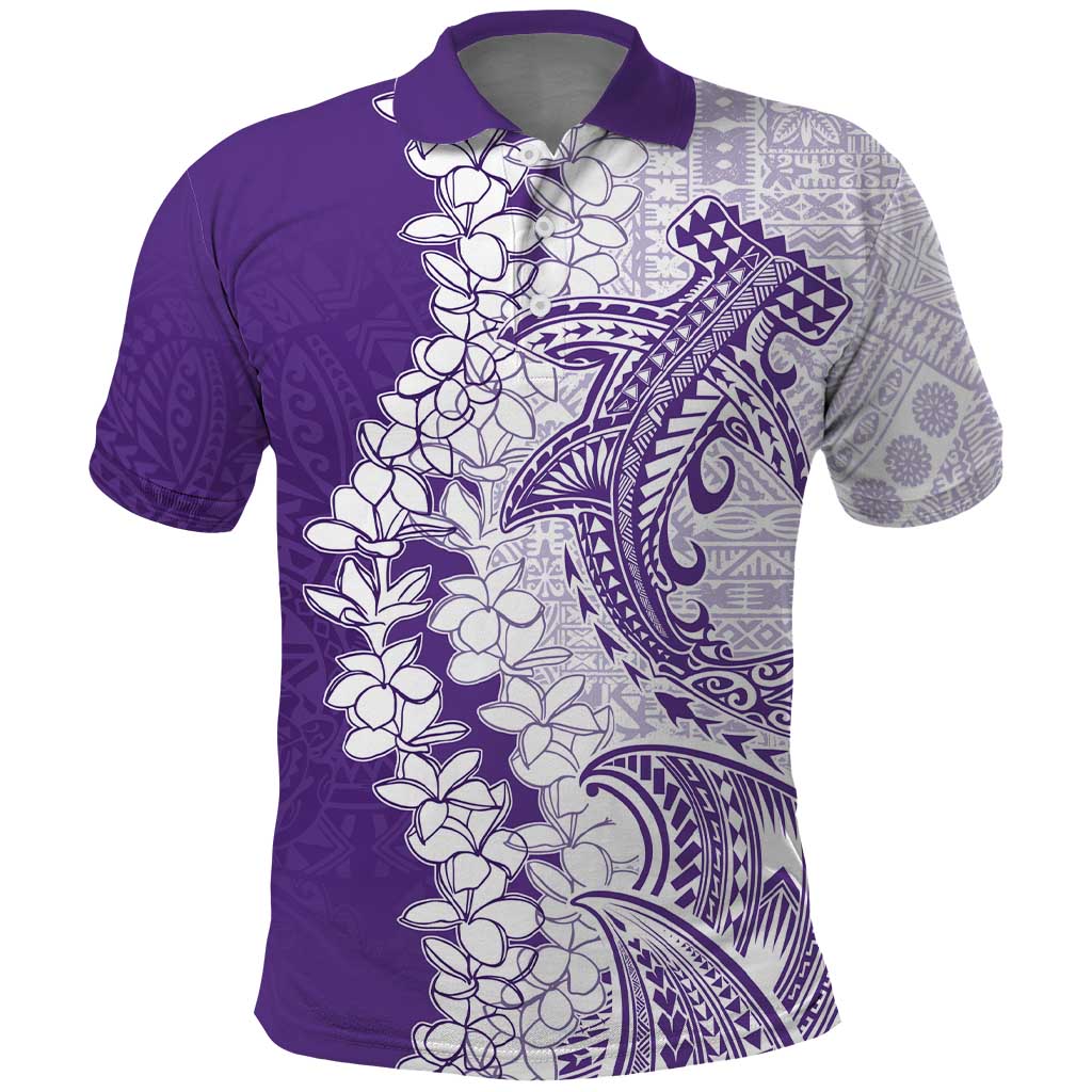 Polynesian Purple Plumeria Lei Polo Shirt with Hammerhead Shark