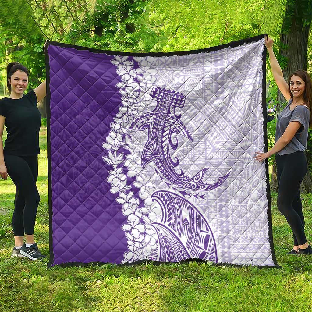 Polynesian Purple Plumeria Lei Quilt with Hammerhead Shark