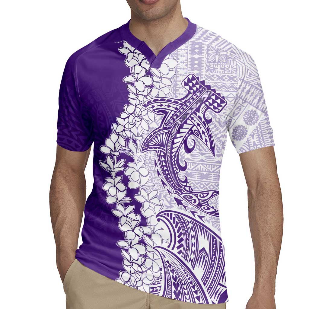 Polynesian Purple Plumeria Lei Rugby Jersey with Hammerhead Shark